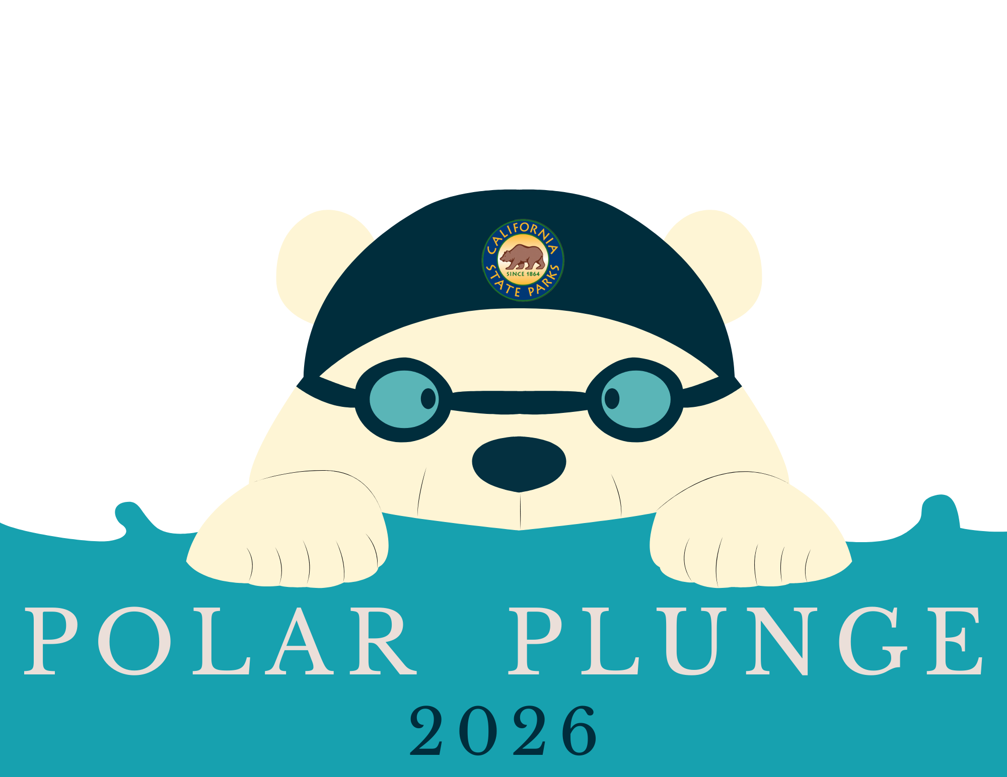 polar bear with swim cap and goggles in water with subtitle reading polar plunge 2026